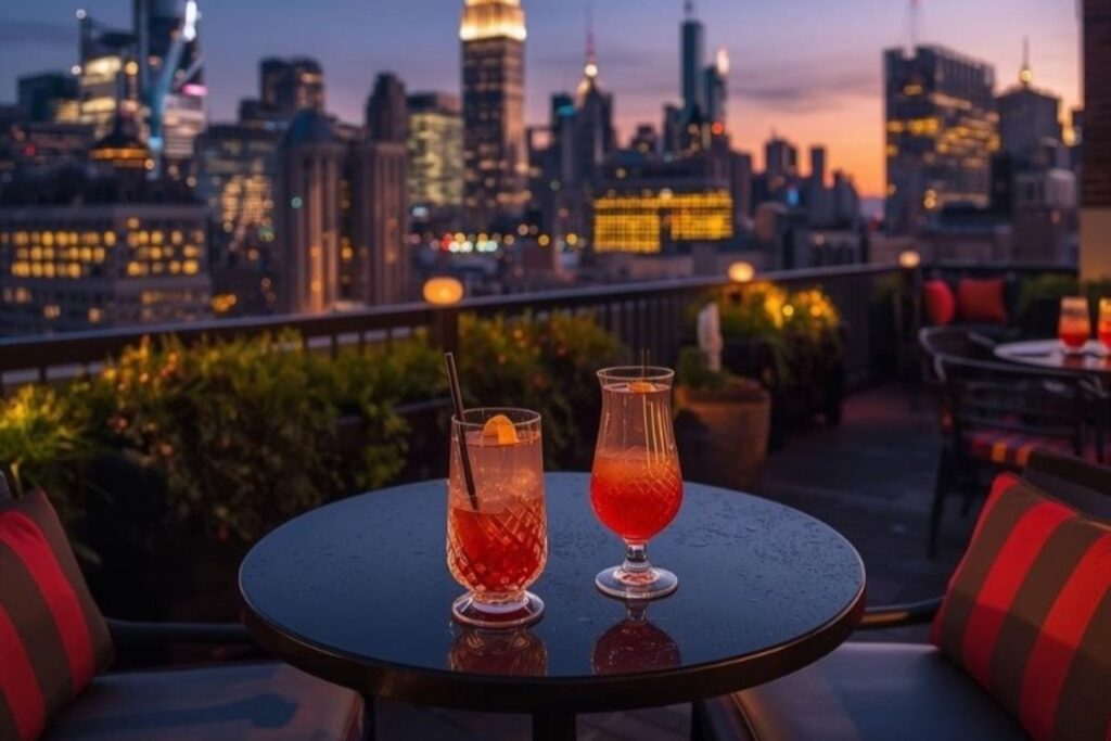 Spring cocktails at outdoor NYC rooftop terrace with city views