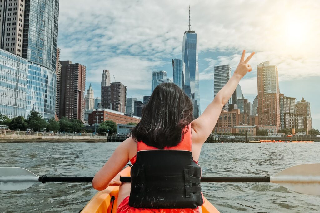 Woman kayaking on the Hudson River in New York