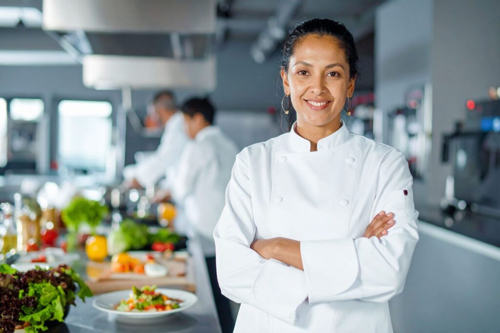 Professional chef calculating food cost while preparing dishes in commercial restaurant kitchen