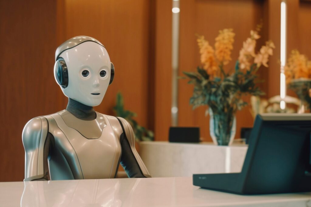 Hospitality trends showcase automation technology in modern hotel lobby with digital check-in kiosk