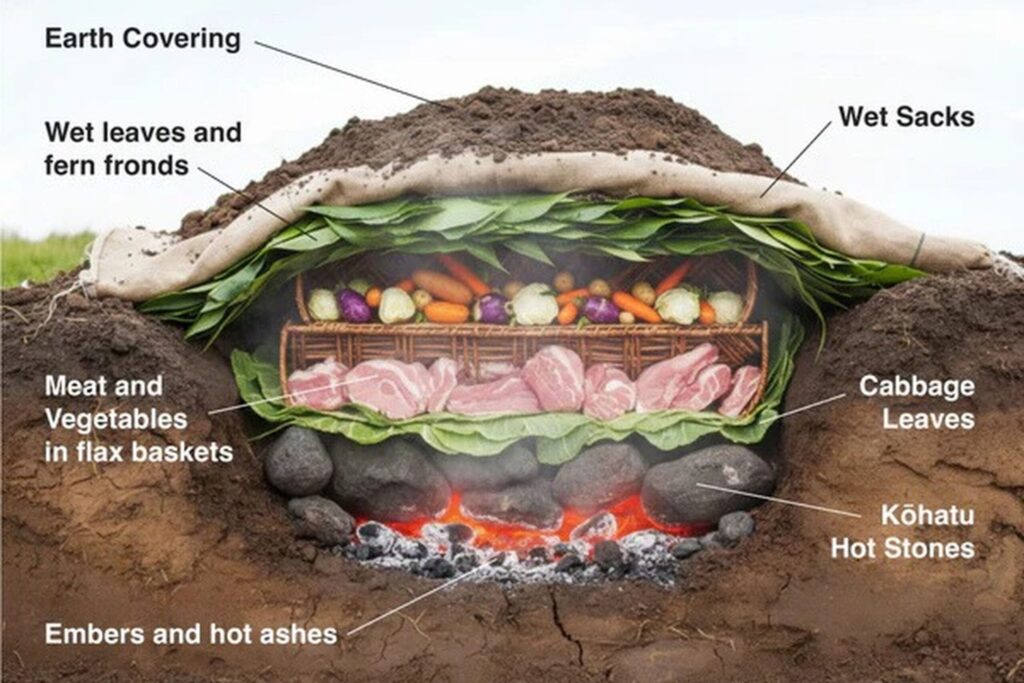 Traditional Maori hangi feast preparation with steam rising from earth oven in New Zealand