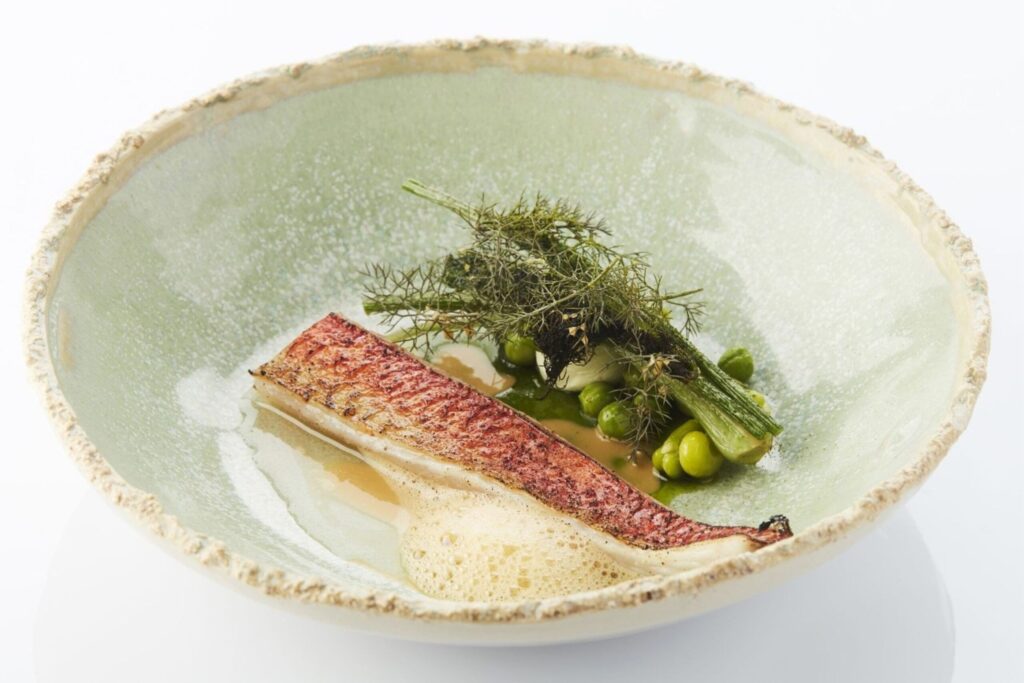 chef Filip Claeys De Jonkman Mullet with broad beans, lovage and crab sauce