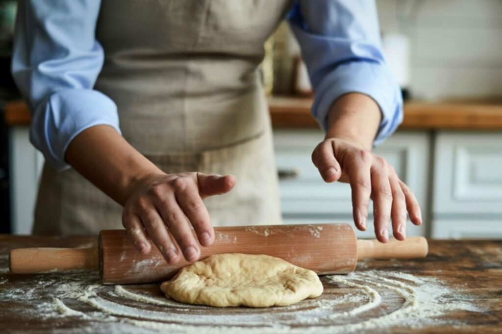 Traditional French recipe for galette rois with baker preparing authentic king cake pastry
