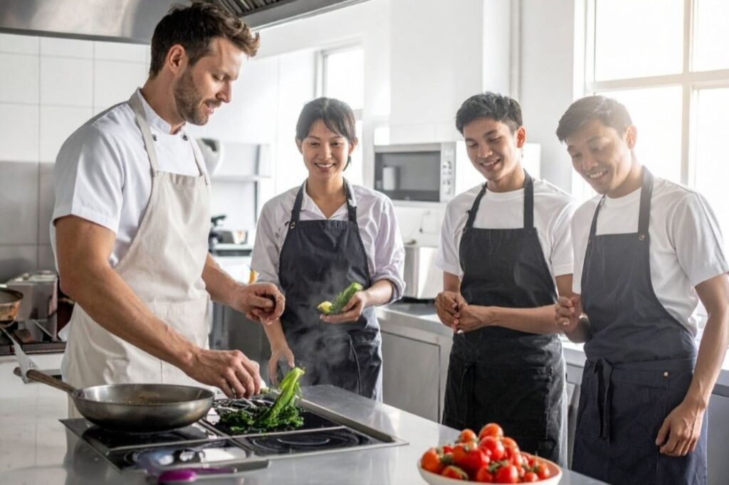 Restaurant hiring strategies with team meeting demonstrating effective staffing solutions and management