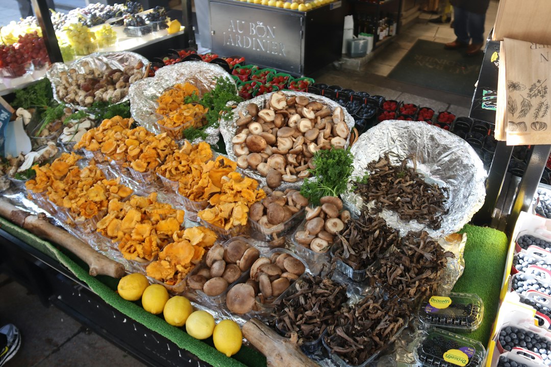 A chef examines mushrooms at harvest markets, reflecting the seasonal produce available to home cooks across Europe and Asia.