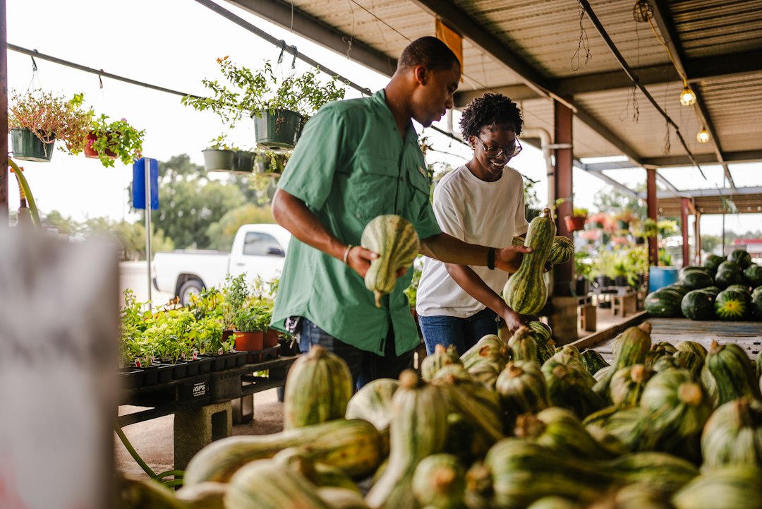 A cook carefully selecting winter squash at a harvest market, reflecting the autumn equinox shift in seasonal ingredients