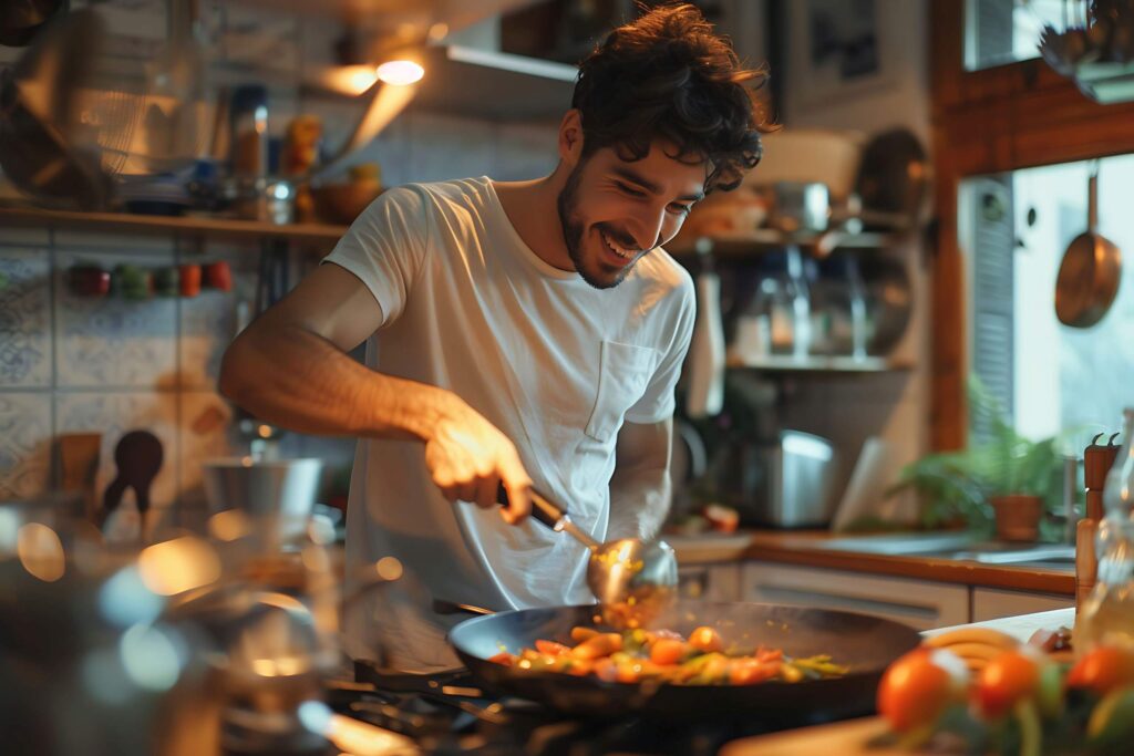 jovem marroquino cozinhando no exterior