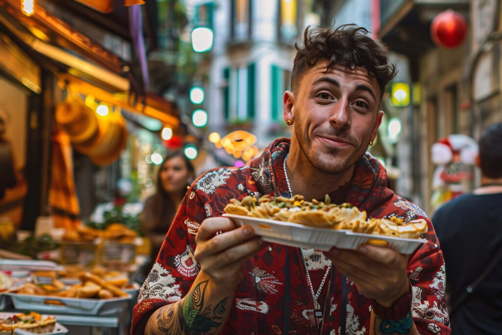 jovem compartilhando comida na medina de rabat marrocos