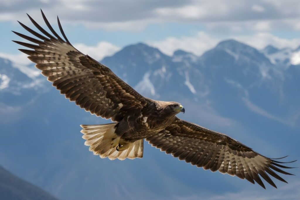 Águia-real ou águia-de-bonelli a voar sobre picos dramáticos das Montanhas do Alto Atlas, representando espécies de aves ameaçadas da vida selvagem do Atlas protegidas em reservas marroquinas