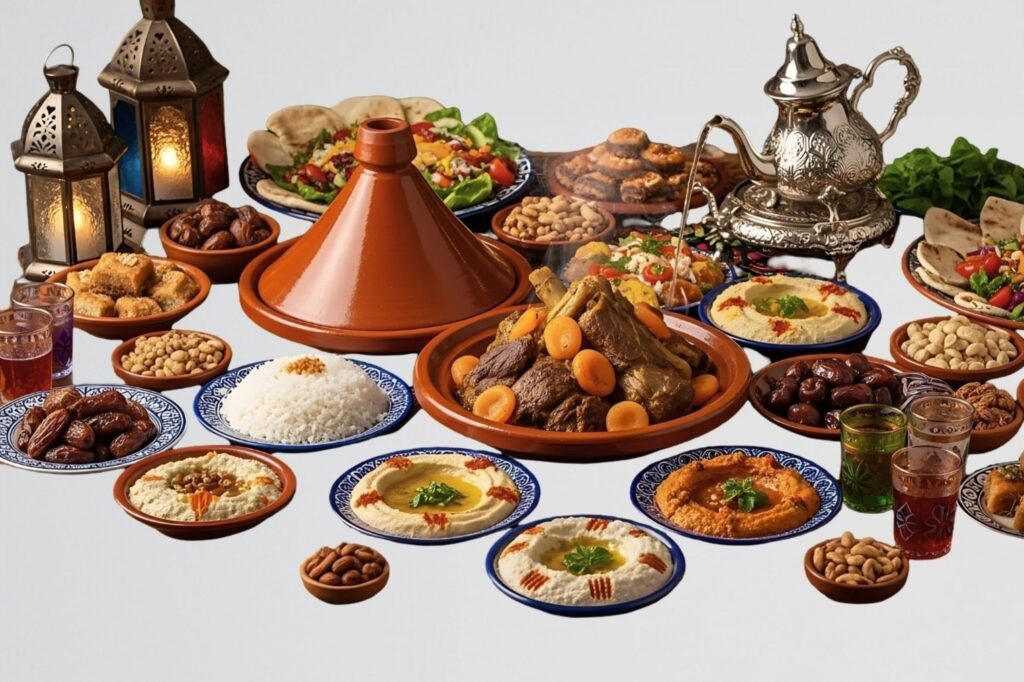 Refeição tradicional de iftar do Ramadã em Marrocos com a família reunida ao redor da mesa com harira e tâmaras