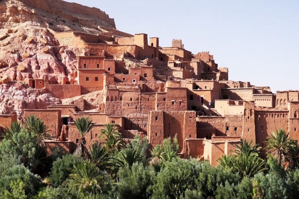 Morocco tourists visiting Ait Benhaddou fortress during spring day trips from Marrakech