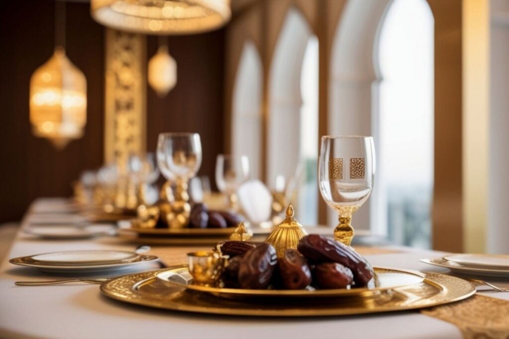 Interno di ristorante festivo in Marocco con lanterne e decorazioni tradizionali per l'atmosfera di cena dell'Eid