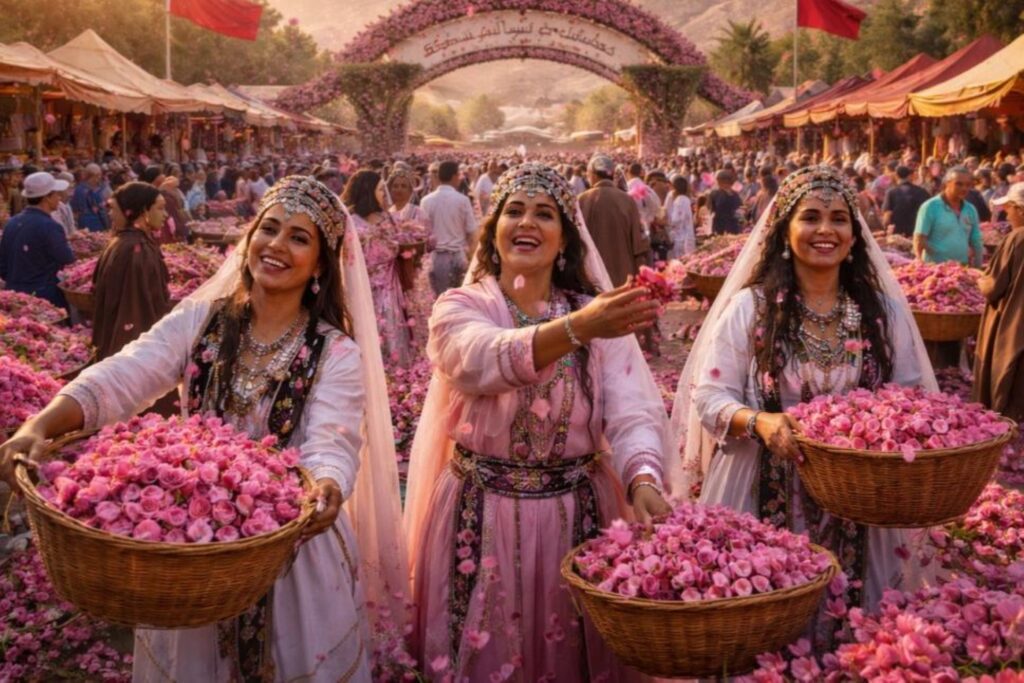 Banca de mercado de artesanato a exibir produtos autênticos de água de rosas e óleos essenciais no Festival das Rosas Marrocos 2026