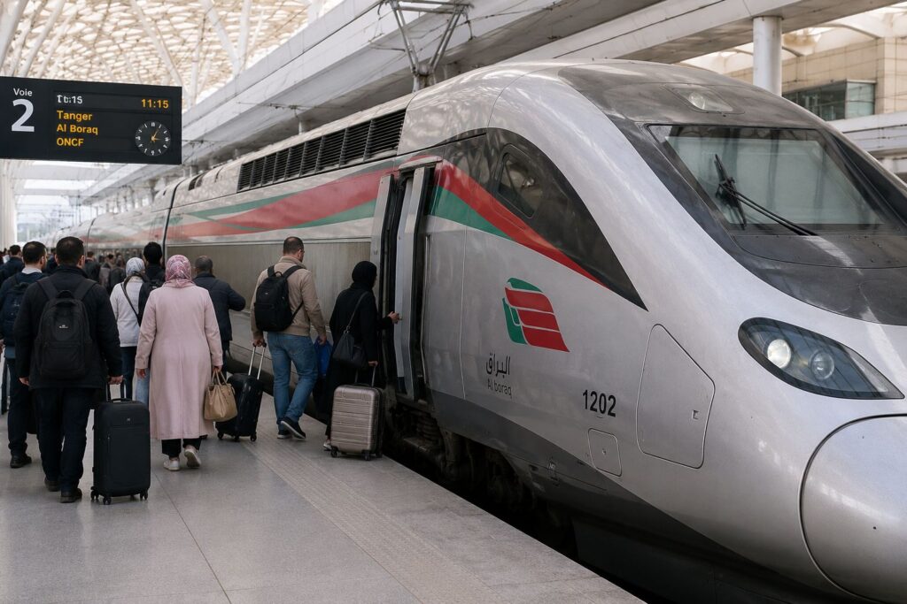 Passageiros a embarcar no serviço ferroviário de alta velocidade Al Boraq de Marrocos numa estação moderna