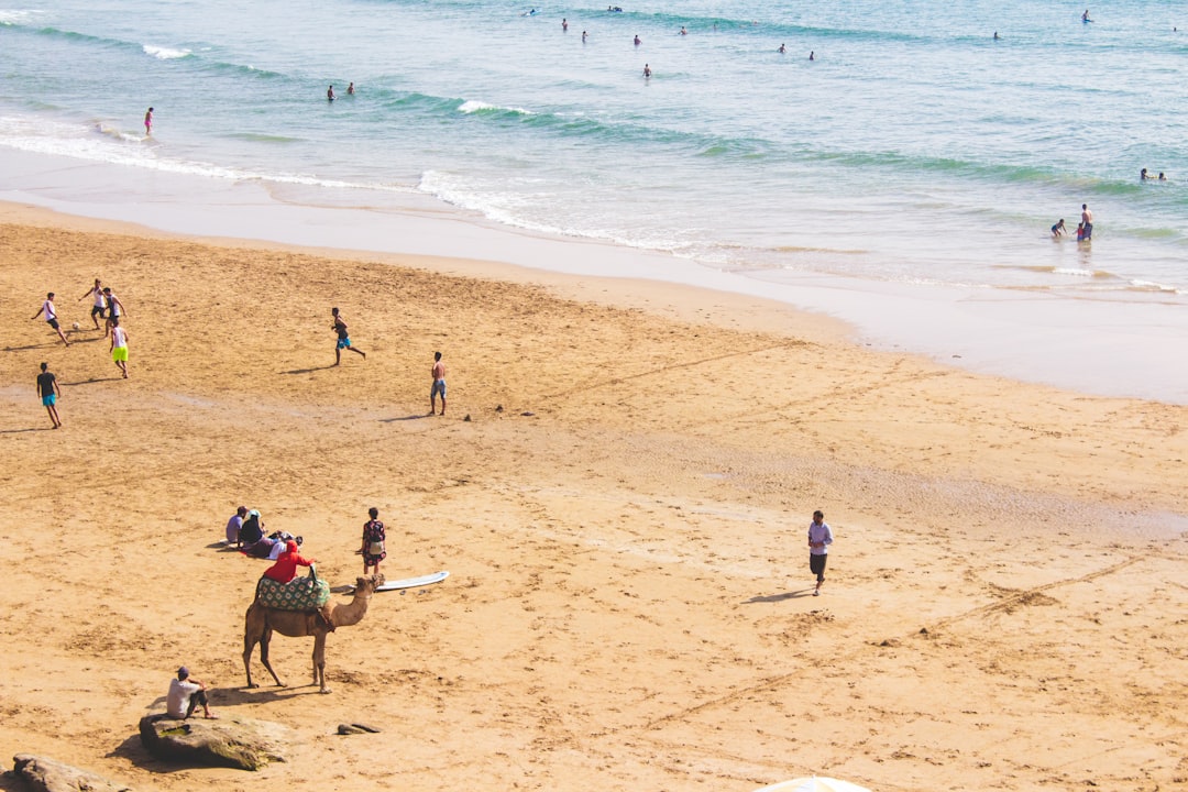 Un surfista principiante entra al agua cálida del Atlántico en una de las escuelas de surf para principiantes de Marruecos a lo largo de la costa
