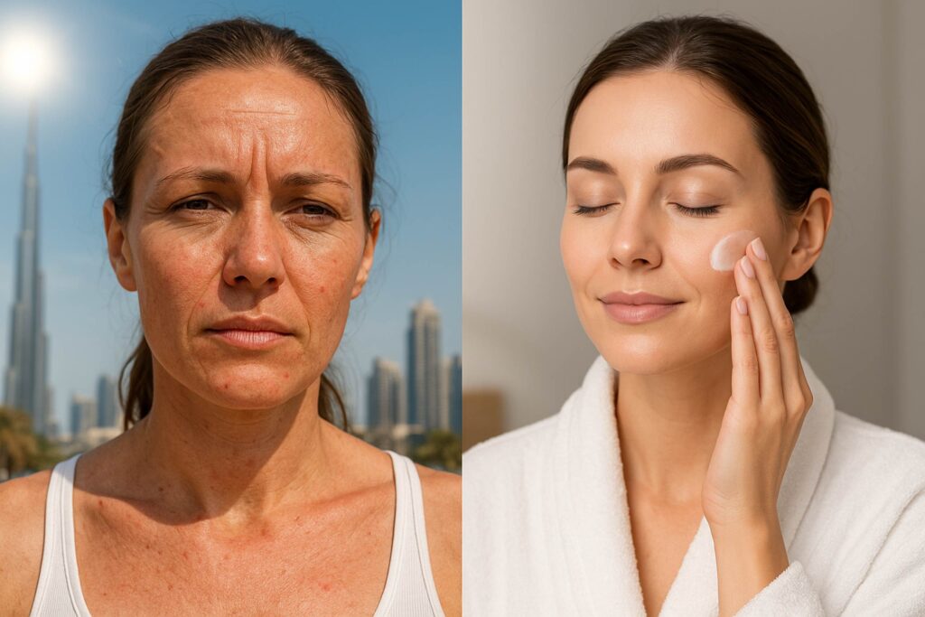 Dubai Climate Effects on Skin: Woman with Heat-Damaged Skin Outdoors vs Woman Applying Natural Skincare Ingredients Indoors for Hydration