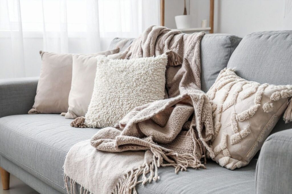 Layered soft textures with blankets and cushions on sofa cosy living home comfort warm