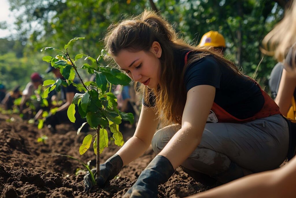 Young woman planting tree sapling in community garden environmental champions sustainability green leaders climate