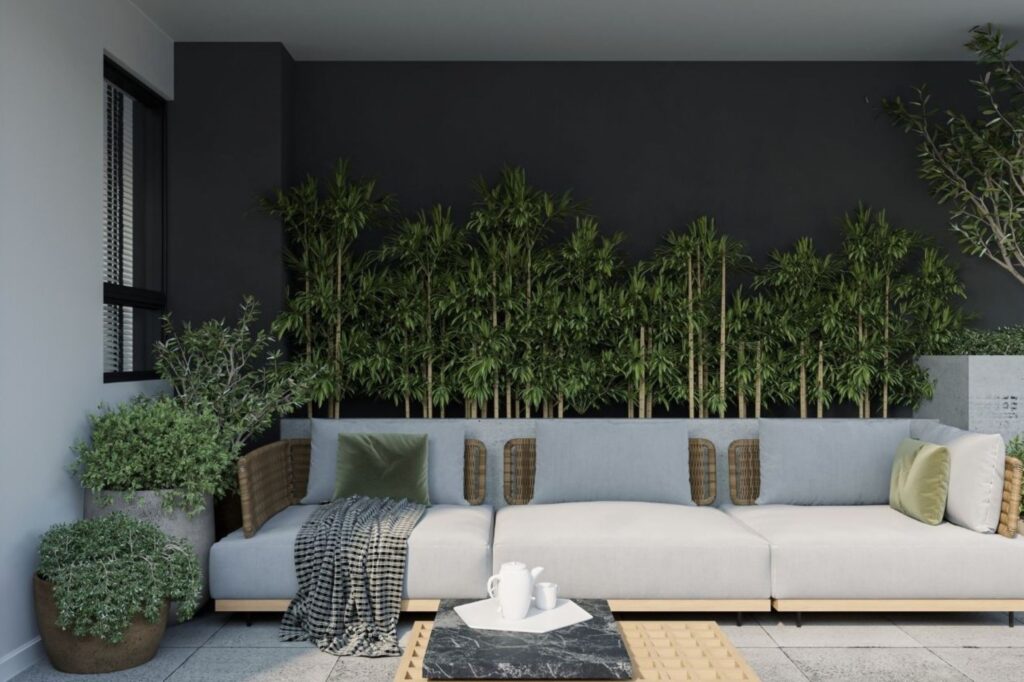 Modern biophilic interior design featuring vertical green walls, natural materials, and indoor plants creating a calming wellness space in a luxury Dubai home