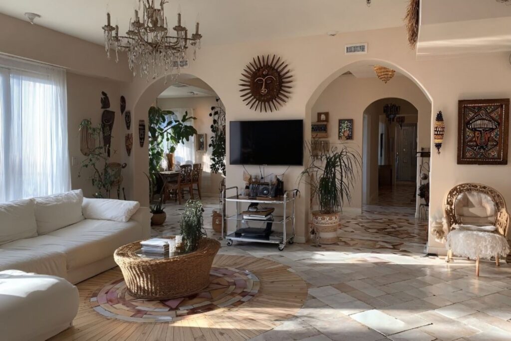 Luxury biophilic interior design with reclaimed wood, natural stone, organic textures, and indoor greenery transforming Dubai villa into peaceful nature sanctuary