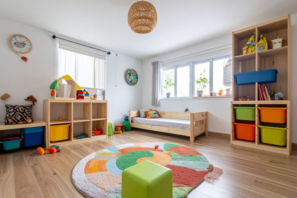 Colorful cube home storage solutions organizing toys and books in bright Dubai childrens bedroom space 1