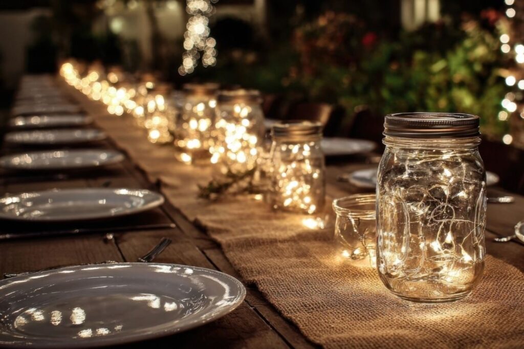 Glass jars filled with LED fairy lights and natural elements creating sustainable New Year decor in Dubai home, demonstrating energy-efficient eco-friendly lighting alternatives for environmentally-conscious celebrations