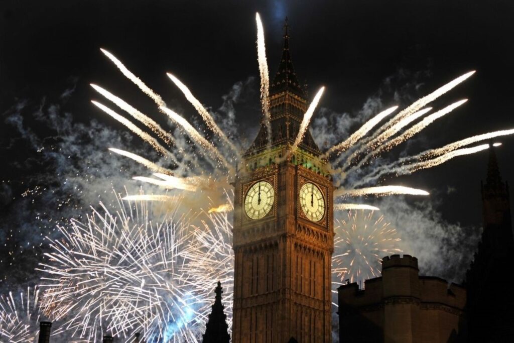 Spectacular New Year fireworks over London Eye and River Thames, showcasing European escape destination for Dubai residents seeking festive city celebrations and iconic countdown experiences