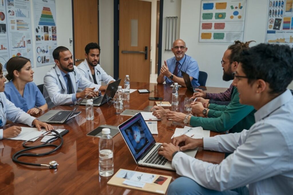 Healthcare investment Dubai with professionals discussing private hospital sector investment opportunities
