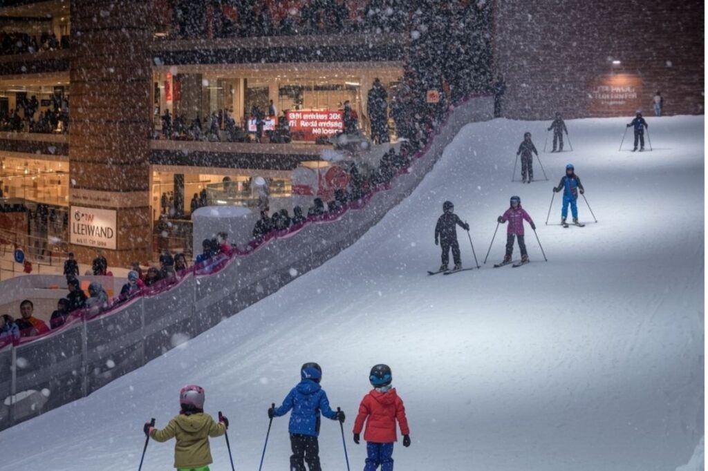 Mall of the Emirates Dubai Summer indoor attraction showing Ski Dubai snow slope as a cool escape from the heat