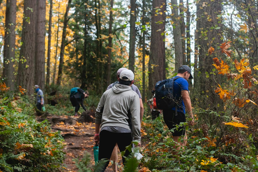 A diverse group from a running club runs together along a tree-lined London path covered in autumn leaves.