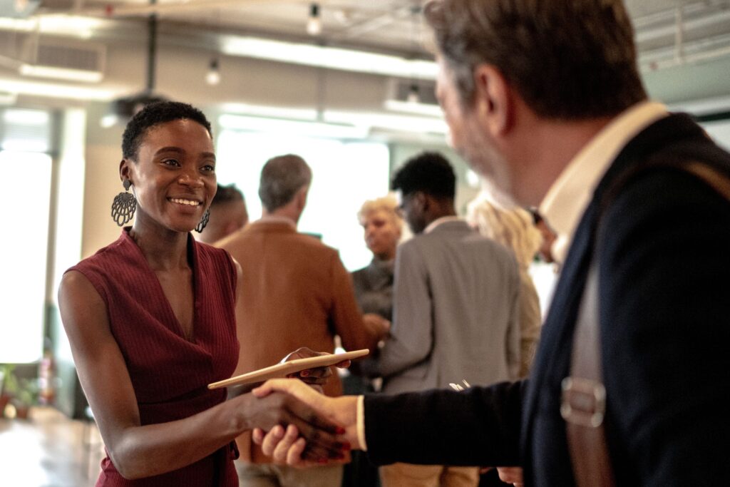 Business professionals connecting at December networking events in European city
