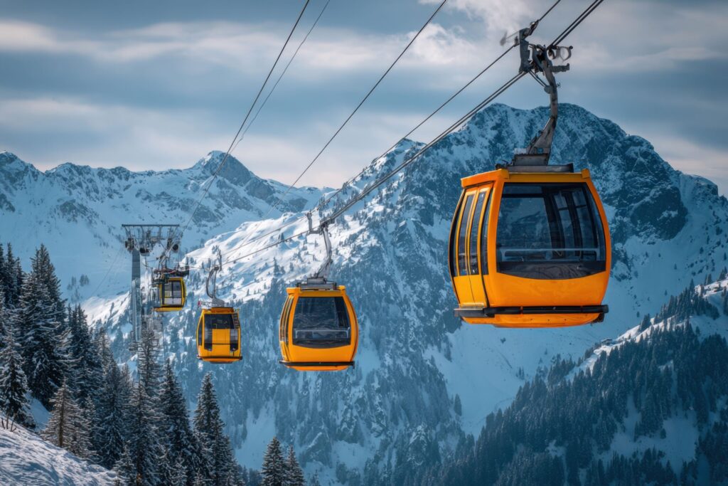 Modern ski resorts lift system transporting skiers to early snow slopes
