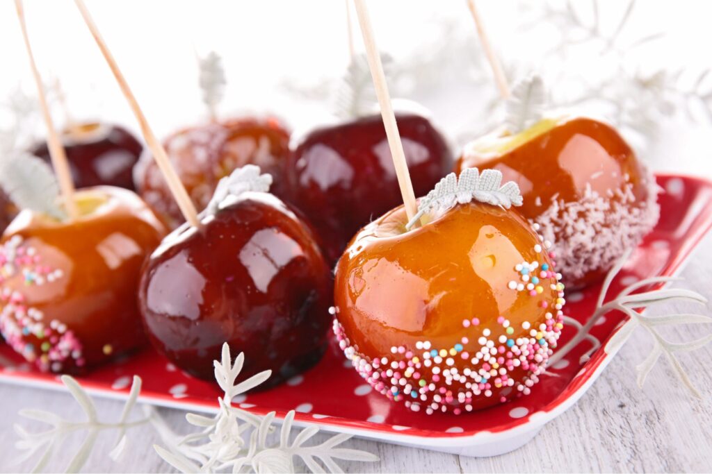 Traditional Bonfire Night toffee apples and British autumn treats for children during Guy Fawkes fireworks celebrations across the United Kingdom