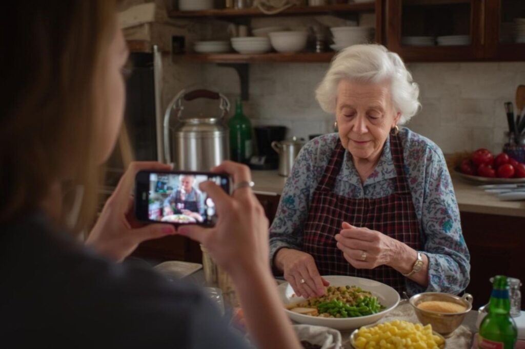 Gen Z content creator films traditional European cooking with grandmother in rustic kitchen, documenting heritage recipes on smartphone, preserving European traditions through digital storytelling and family connections.