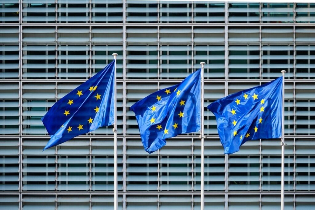 European Union flag flying outside EU institutions in Brussels on Europe Day 2026