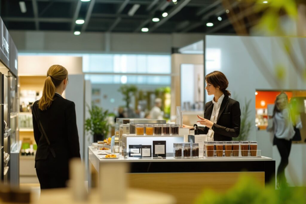 Healthcare partnerships forming at pharma trade show with medical equipment displays