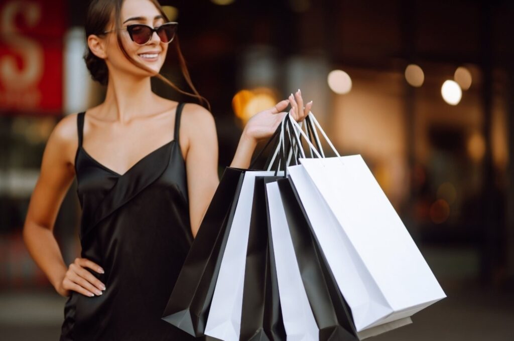 Shopper with luxury fashion purchases in Indian mall demonstrating retail economics and consumer spending